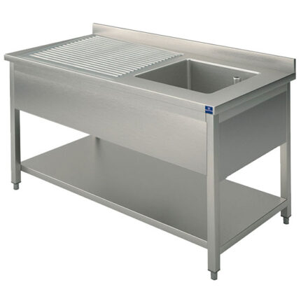 Sink unit, 1 sink, draining board on the left, on legs, with lower shelf, 1100x700 mm