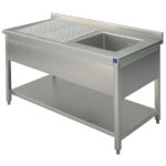 Sink unit, 1 sink, draining board on the left, on legs, with lower shelf, 1400x700 mm