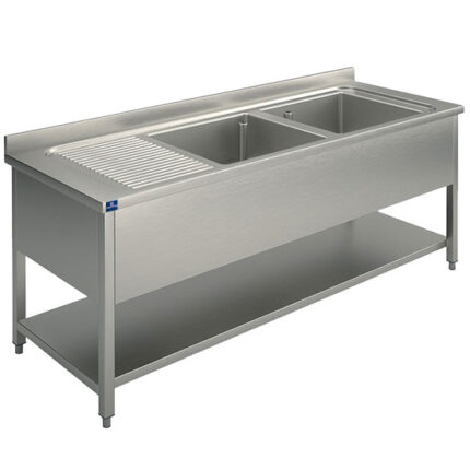 Sink unit, 2 sinks, draining board on the left, on legs, with lower shelf, 1400x600 mm