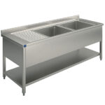 Sink unit, 2 sinks, draining board on the left, on legs, with lower shelf, 2000x600 mm