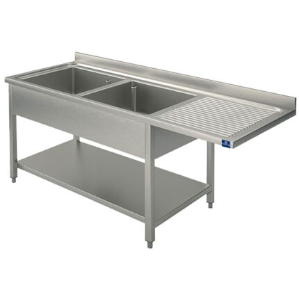 sink unit on legs with lower shelf for built-in dishwasher, 2 left sinks, 1800x600 mm
