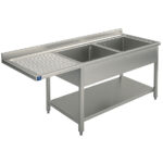 sink unit on legs with lower shelf for built-in dishwasher, 2 right sinks, 1800x600 mm