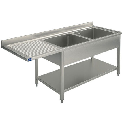 sink unit on legs with lower shelf for built-in dishwasher, 2 right sinks, 1800x700 mm