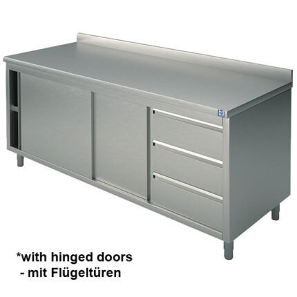 Neutral work cupboard with drawer unit on the right side, with 2 hinged doors and upstand, 1200x600 mm