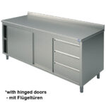 Neutral work cupboard with drawer unit on the right side, with sliding doors and upstand, 1200x700 mm