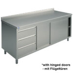 Neutral work cupboard with drawer unit on the left side, with sliding doors and upstand, 1200x700 mm