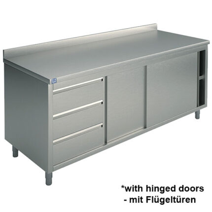 Neutral work cupboard with drawer unit on the left side, with sliding doors and upstand, 1200x700 mm