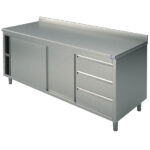 Neutral work cupboard with drawer unit on the right side, with sliding doors and upstand, 1400x700 mm
