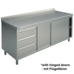 Neutral work cupboard with drawer unit on the left side, with 2 hinged doors and upstand, 1200x600 mm