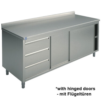 Neutral work cupboard with drawer unit on the left side, with 2 hinged doors and upstand, 1200x600 mm