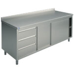 Neutral work cupboard with drawer unit on the left side, with sliding doors and upstand, 1700x600 mm