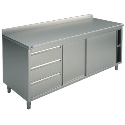 Neutral work cupboard with drawer unit on the left side, with sliding doors and upstand, 1800x700 mm