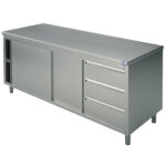 Neutral work cupboard with drawer unit on the right side, with sliding doors, without upstand, 1700x600 mm