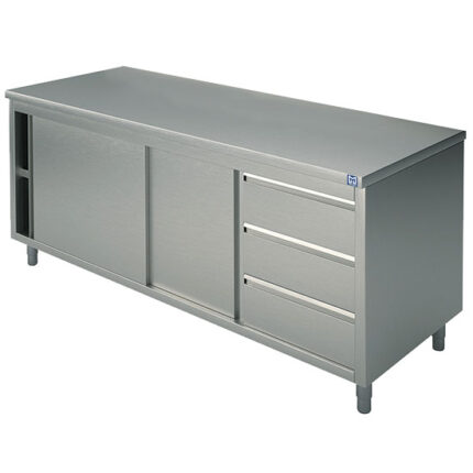 Neutral work cupboard with drawer unit on the right side, with sliding doors, without upstand, 1900x600 mm