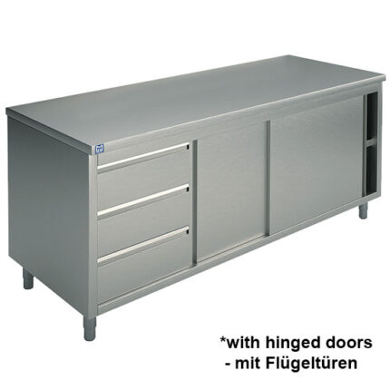 Neutral work cupboard with drawer unit on the left side, with 2 hinged doors, without upstand, 1200x600 mm