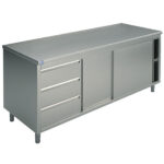 Neutral work cupboard with drawer unit on the left side, with sliding doors, without upstand, 1400x600 mm