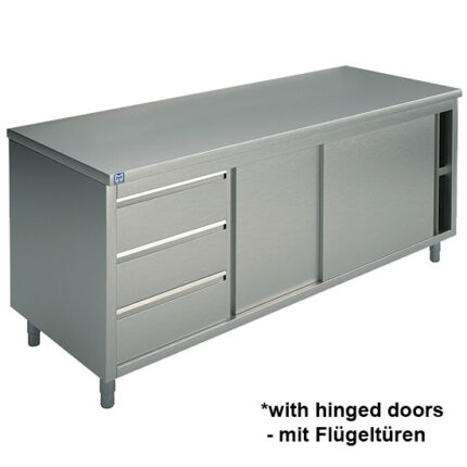Neutral work cupboard with drawer unit on the left side, with sliding doors, without upstand, 1200x700 mm