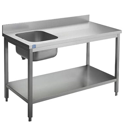 Work table with sink on the left, with shelf and upstand, 1000x600 mm