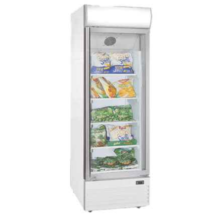 Upright freezer display 400 liters with glass door and advertising panel, -18°/-22°C