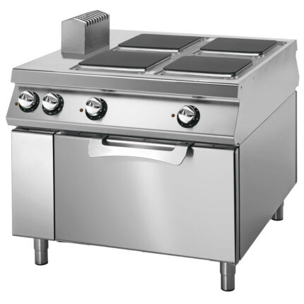 Electric range with 4 squared plates on static electric oven,  two-sided panel control