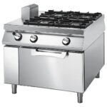 Gas range with 4 burners on static gas oven, stainless steel containers, two-sided panel control