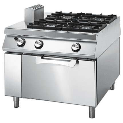 Gas range with 4 burners on static gas oven, stainless steel containers, two-sided panel control