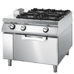 Gas range with 4 burners on static electric oven, two-sided panel control