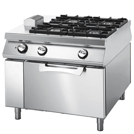 Gas range with 4 burners on static electric oven, two-sided panel control