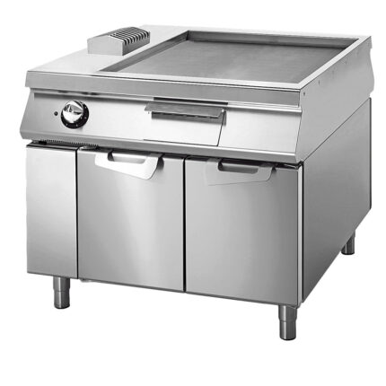Electric griddle smooth chromed on cabinet with door, two-sided panel control