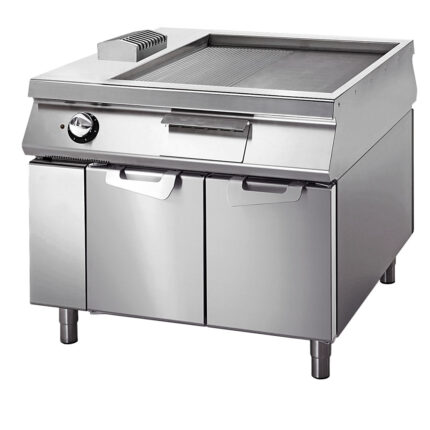 Electric griddle chromed ½ smooth ½ ribbed on cabinet with door, two-sided panel control