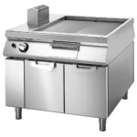 Gas griddle ½ smooth ½ ribbed on cabinet with door, two-sided panel control