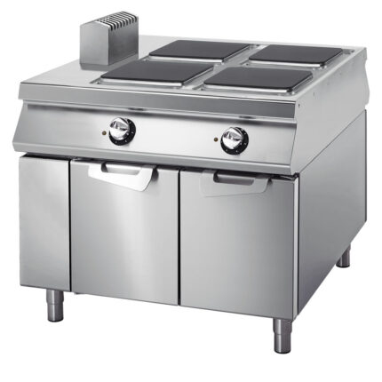 Electric range with 4 squared plates on cabinet with doors,  two-sided panel control