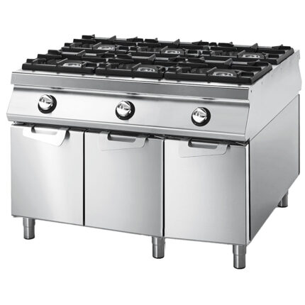 Gas range with 6 burners on cabinet with doors, stainless steel containers, two-sided panel control