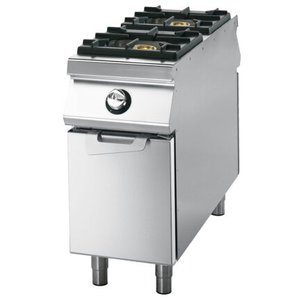 Gas range with 2 burners on cabinet with door, stainless steel containers, two-sided panel control
