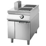 Electric range with 2 squared plates on cabinet with doors,  two-sided panel control