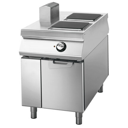 Electric range with 2 squared plates on cabinet with doors,  two-sided panel control