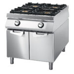 Gas range with 4 burners on cabinet with doors, stainless steel containers, two-sided panel control