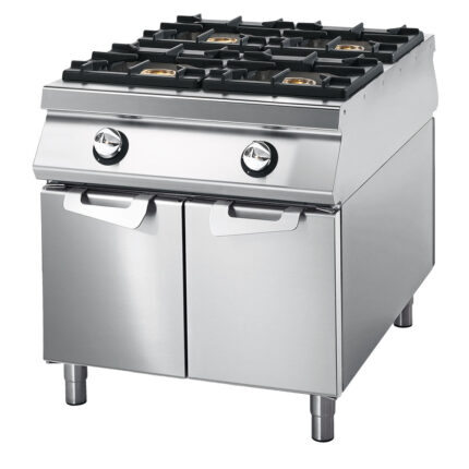 Gas range with 4 burners on cabinet with doors, stainless steel containers, two-sided panel control