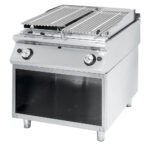Gas lava-stone grill, cooking zone in stainless steel, meat/fish