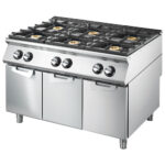Gas range with 6 burners on closed cabinet, pressed working top