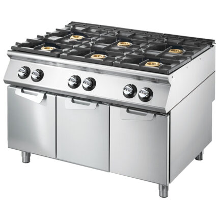 Gas range with 6 burners on closed cabinet, pressed working top