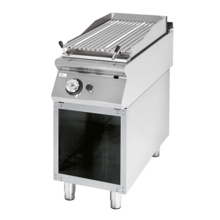Gas lava-stone grill, cooking zone in stainless steel, meat/fish