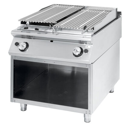 Gas lava-stone grill, cooking zone in stainless steel, meat/fish