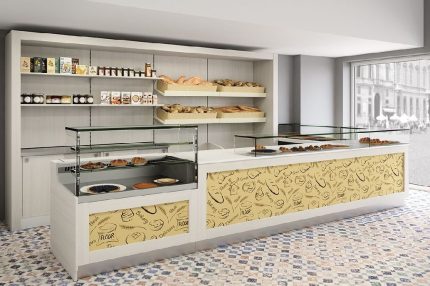 Linie completa mobilier si tejghea prezentare pentru brutarie si pizzerie Best Cold seria Bastia, Italia
