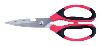 Foarfecă universală de bucătărie - 249 / 110 mm - din oțel inoxidabil - 2 funcții - cu deschizător de sticle, deschizător pentru capace filetate