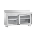 Masă de lucru tip dulap din oțel inoxidabil PREMIUM - 1400x600 mm - uși glisante din sticlă - cu rebord