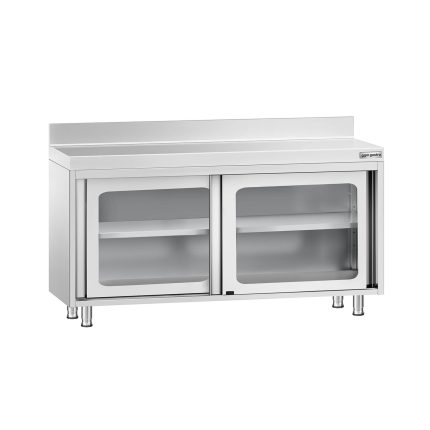 Masă de lucru tip dulap din oțel inoxidabil PREMIUM - 1400x600 mm - uși glisante din sticlă - cu rebord