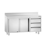 Dulap de lucru din oțel inoxidabil PREMIUM – 1400 x 700 mm – cu 3 sertare pe partea dreaptă și rebord