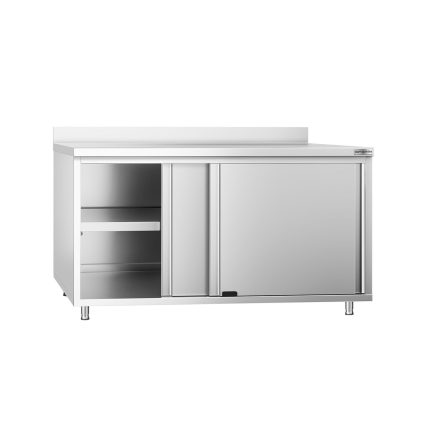 Dulap de lucru din oțel inoxidabil PREMIUM – 1600 x 700 mm – cu ușă glisantă și rebord