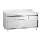 Masă de lucru tip dulap din oțel inoxidabil PREMIUM – 1600 x 600 mm – cu margine ridicată – cu 3 sertare și ușă glisantă